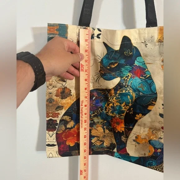 Colorful Cat Art Tote Bag – 16” x 15” Reusable Canvas Shoulder Bag - Picture 4 of 8